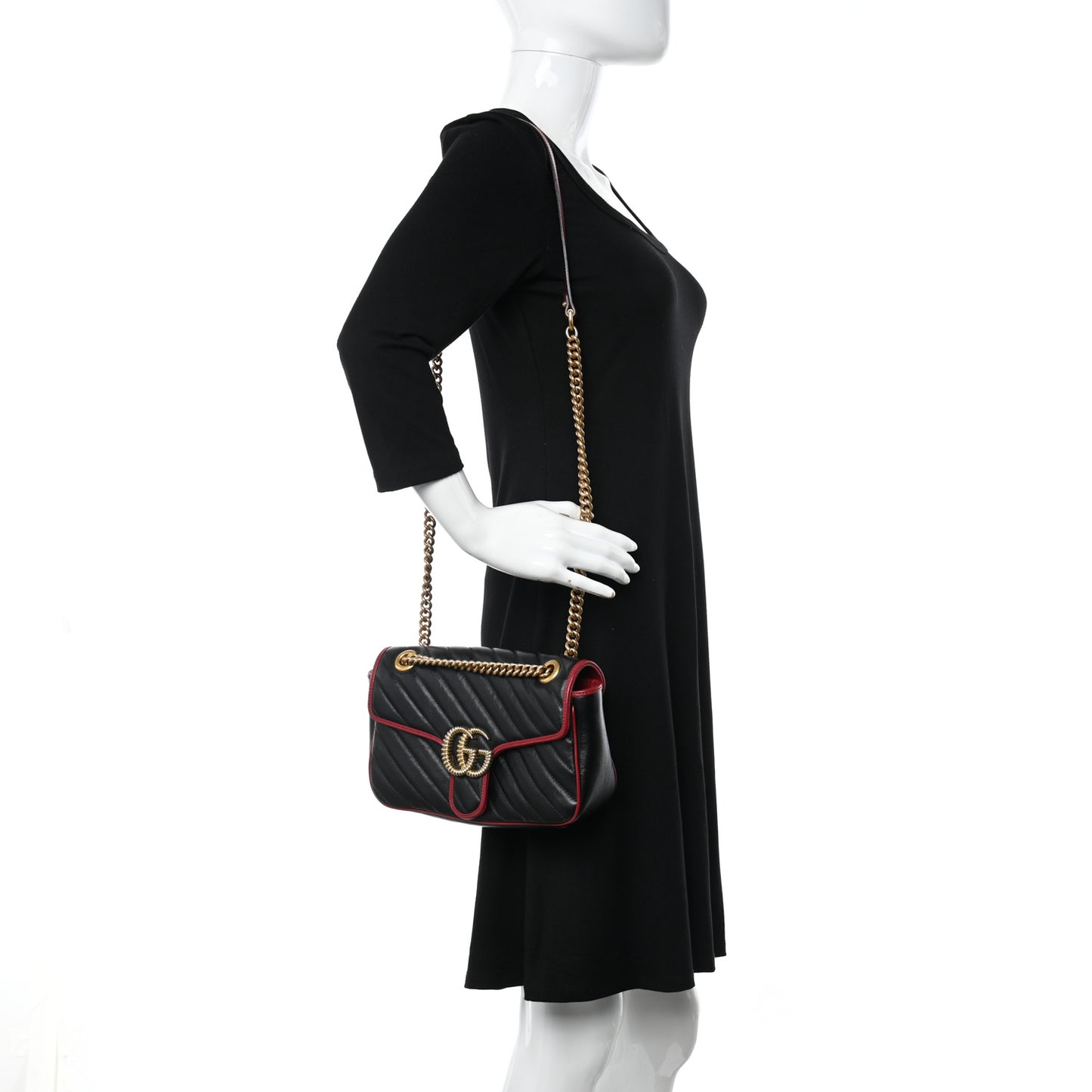 Vintage Effect Calfskin Matelasse Diagonal Small Torchon GG Marmont Shoulder Bag Black Romantic Cherry