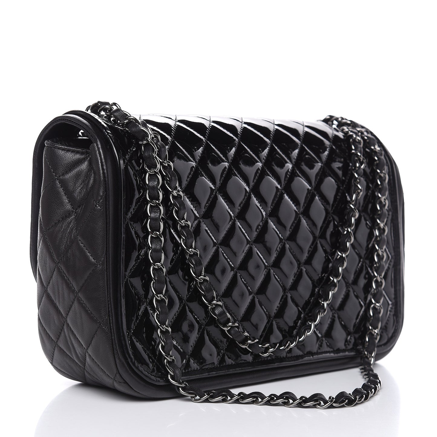Patent Quilted Jumbo Classic Twist Flap Bag Black