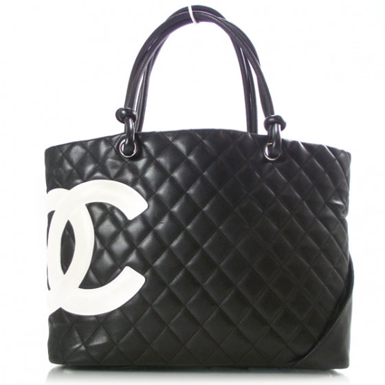 Calfskin Quilted Large Cambon Tote Black White