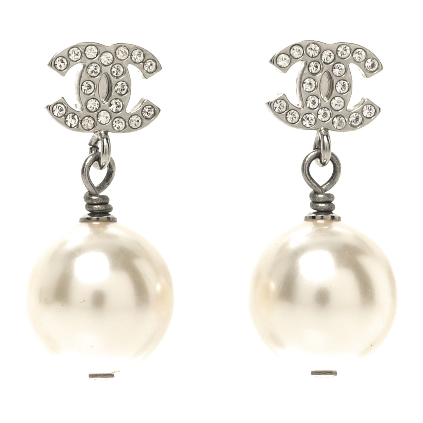 Crystal Pearl CC Drop Earrings Silver Pearly White