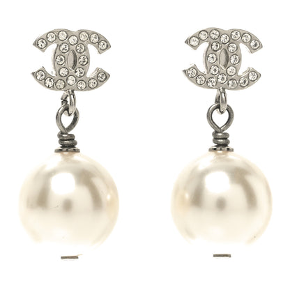 Chanel Crystal Pearl CC Drop Earrings Silver Pearly White 1 of 4
