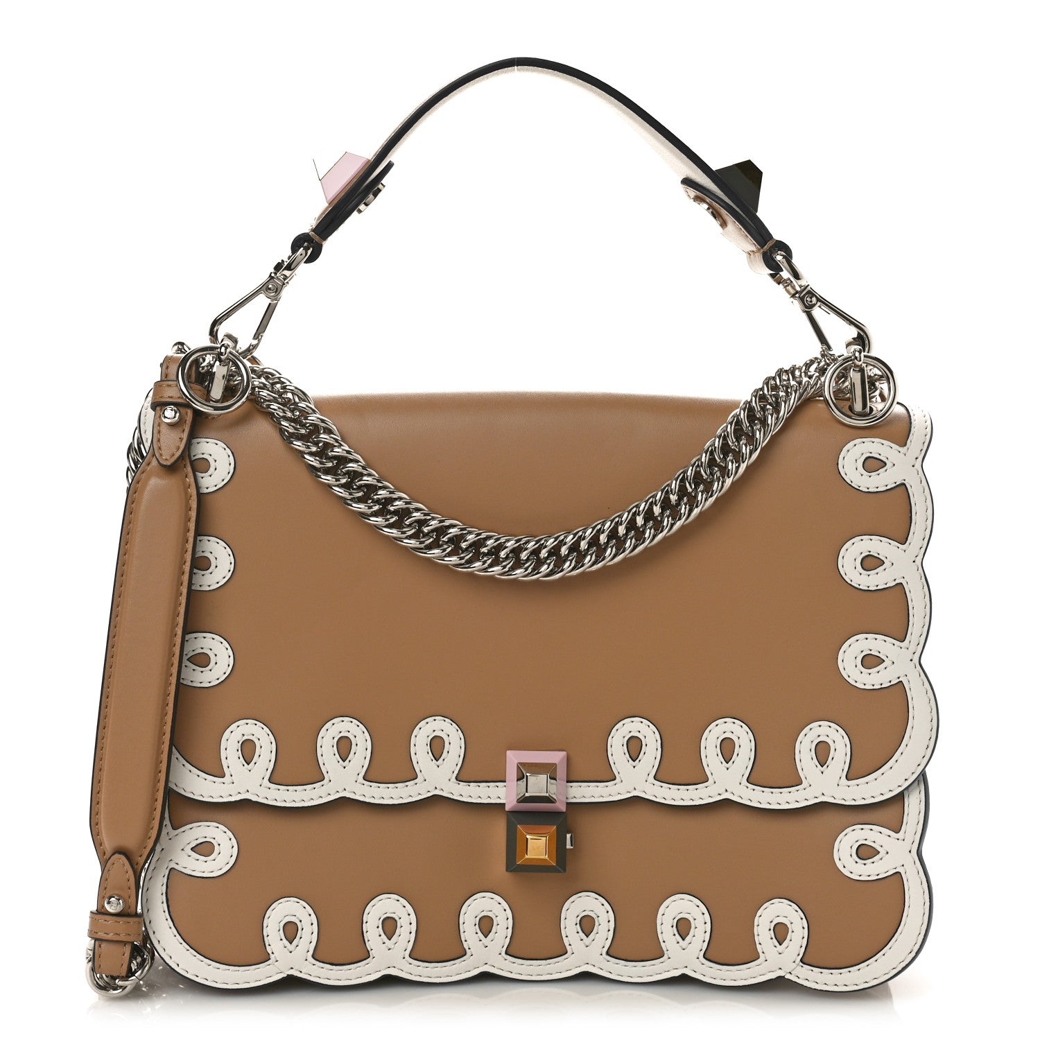 Fendi Vitello Liberty Dolce Scalloped Studded Scrollwork Kan I Shoulder Bag Cuoio White 1 of 8