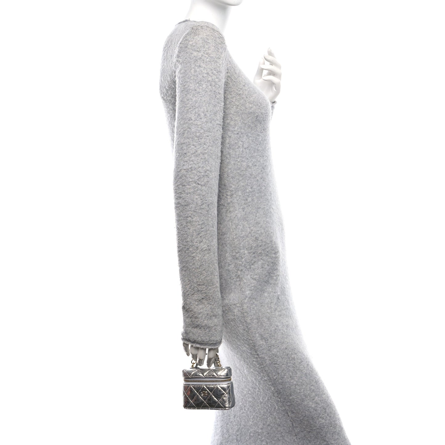 Metallic Calfskin Quilted Mini Vanity Bag Charm With Hook Silver