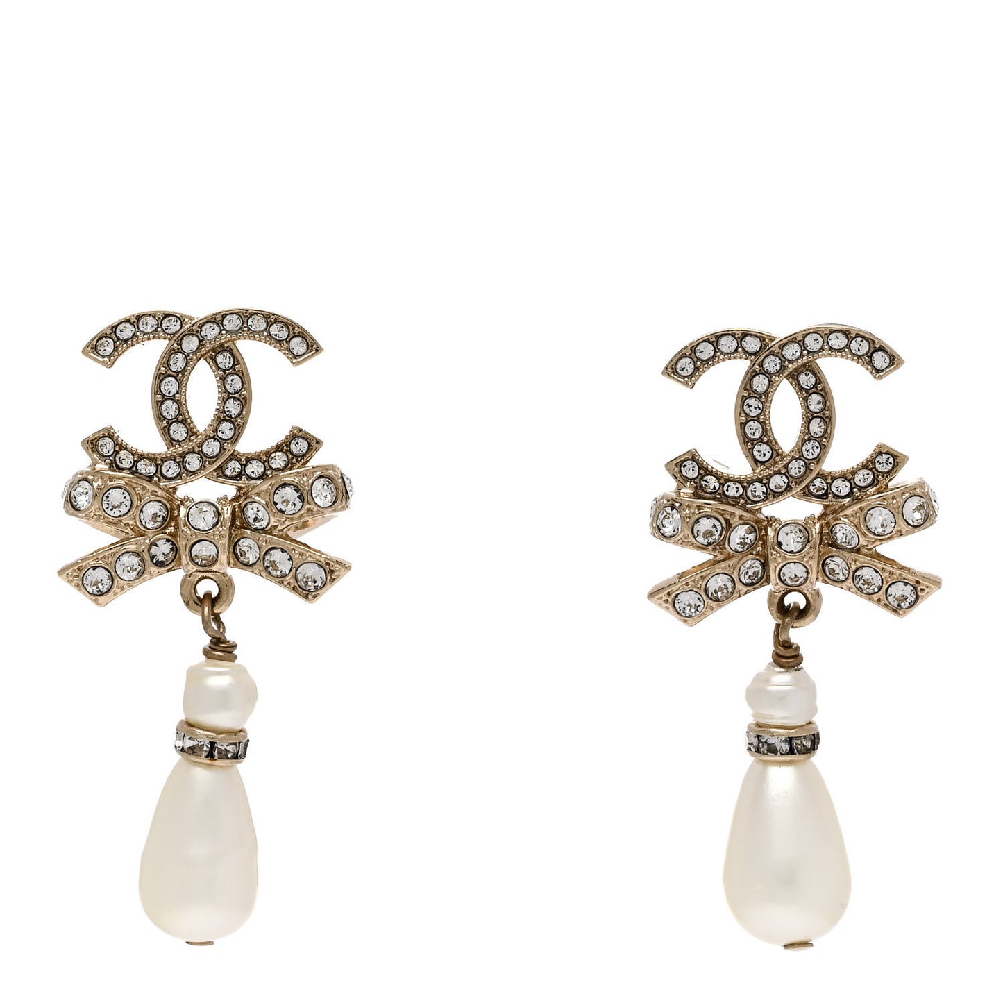 Crystal CC Bow Pearl Drop Earrings Gold Pearly White