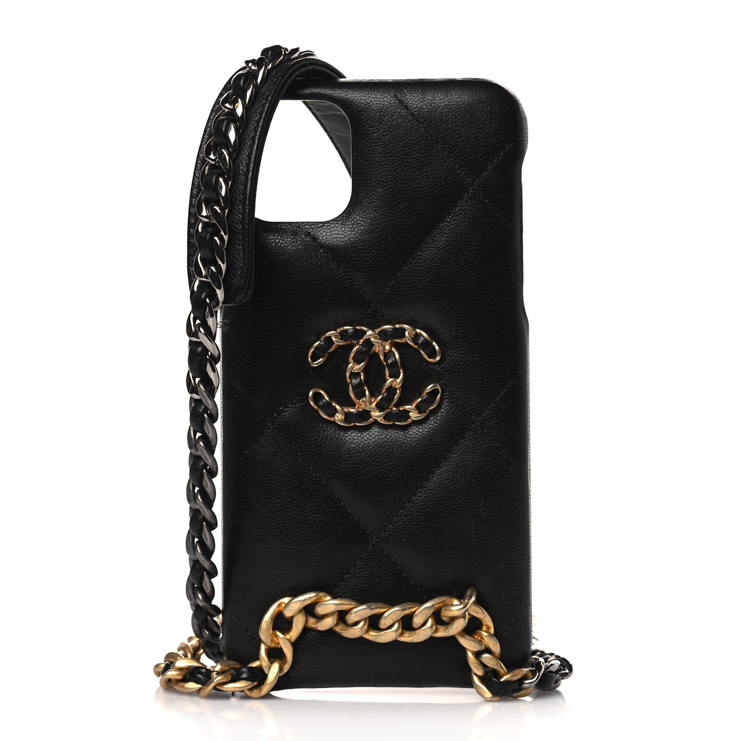 Shiny Goatskin Quilted 19 iPhone XI Pro Max Holder With Chain Black