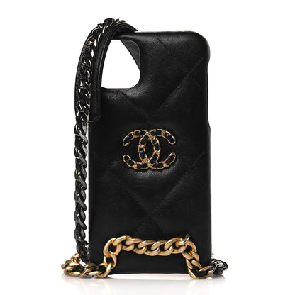 Chanel Shiny Goatskin Quilted 19 iPhone XI Pro Max Holder With Chain Black 1 of 11