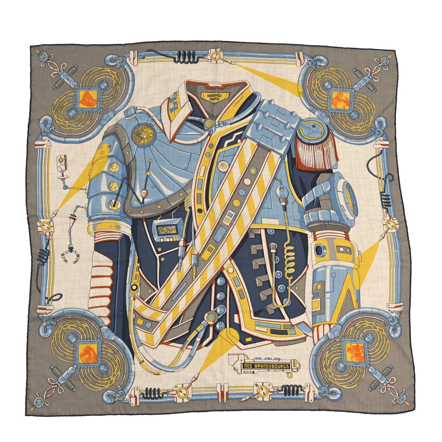 Hermes Silk Neo Brandebourgs Scarf 100 Naturel Jaune Marine 1 of 5