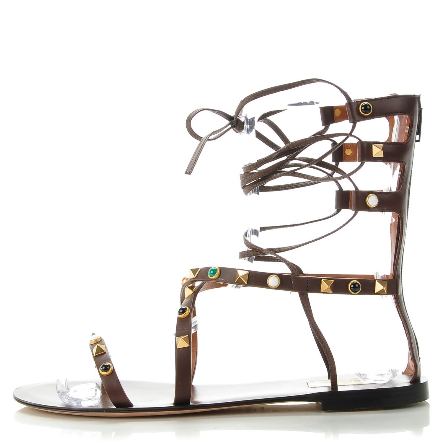 Valentino Garavani Calfskin Rockstud Rolling Cabochon Gladiator Flat Sandals 40 Cacao 1 of 7
