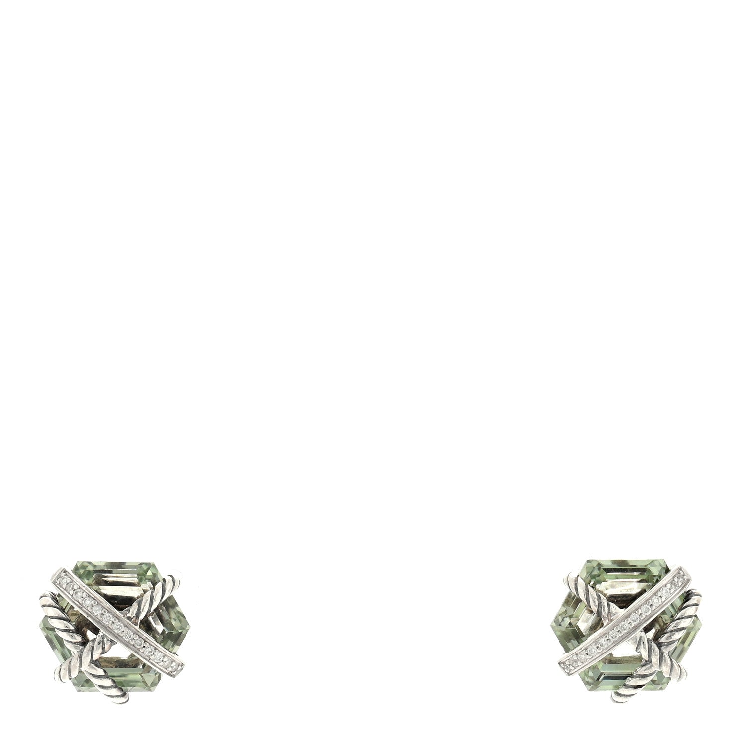 David Yurman Sterling Silver Diamond Prasiolite 10mm Cable Wrap Earrings 1 of 4