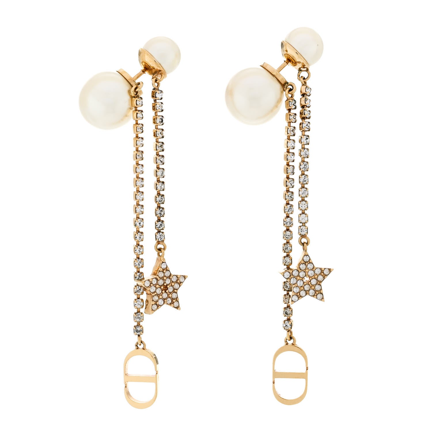 Christian Dior Pearl Crystal Star Tribale Dangle Chain Earrings Gold 1 of 4