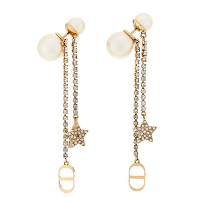 Christian Dior Pearl Crystal Star Tribale Dangle Chain Earrings Gold 1 of 4
