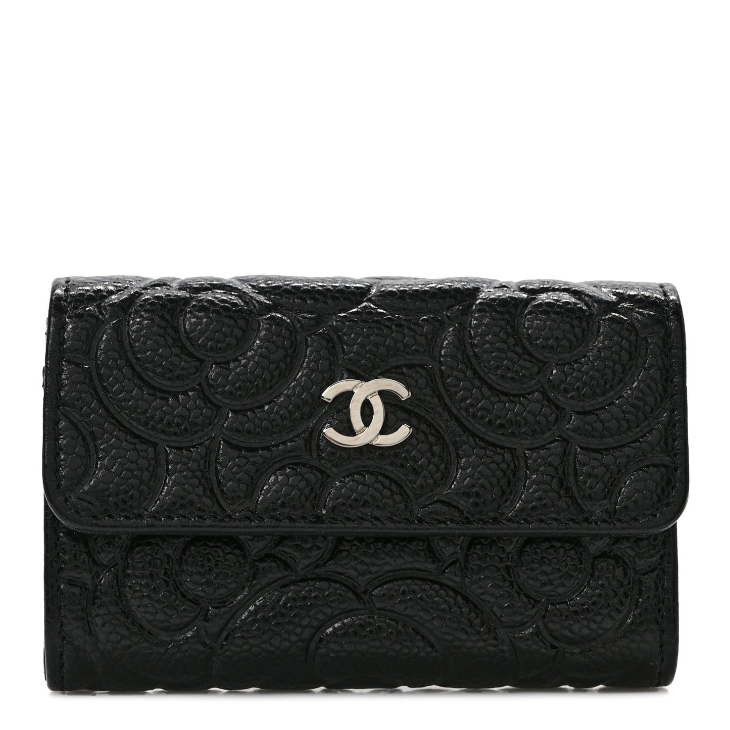 Caviar Camellia Embossed Card Holder Wallet Black