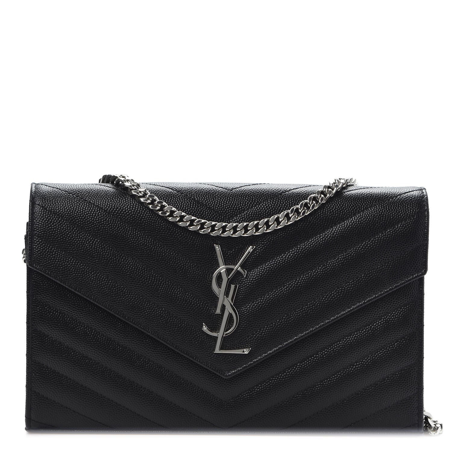 Saint Laurent Grain De Poudre Matelasse Chevron Monogram Chain Wallet Black 1 of 10