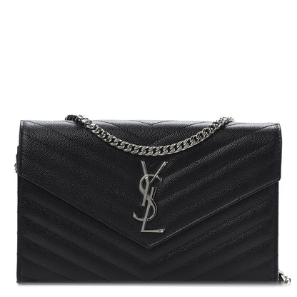 Saint Laurent Grain De Poudre Matelasse Chevron Monogram Chain Wallet Black 1 of 10