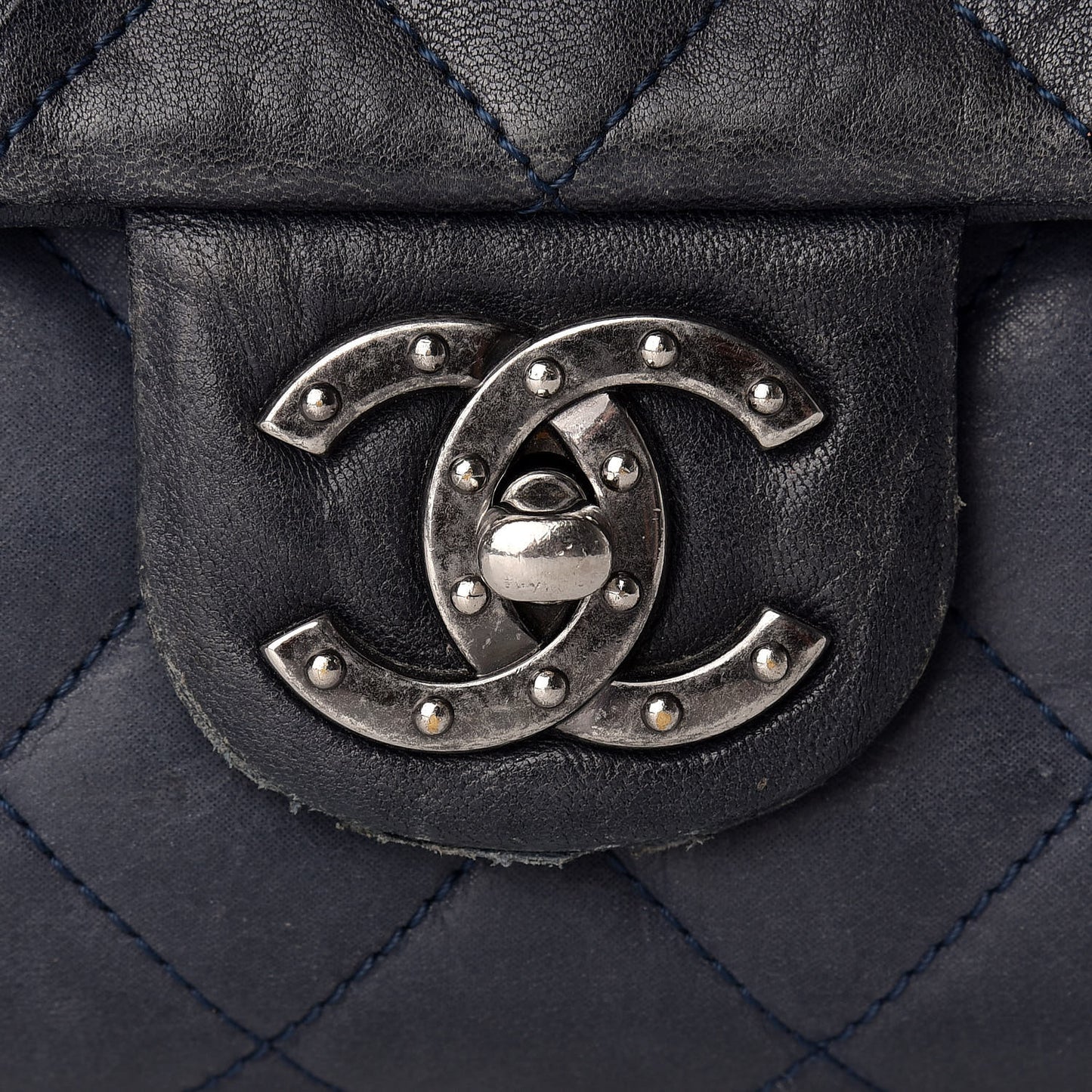 Washed Lambskin Quilted Studded CC Flap Blue Black