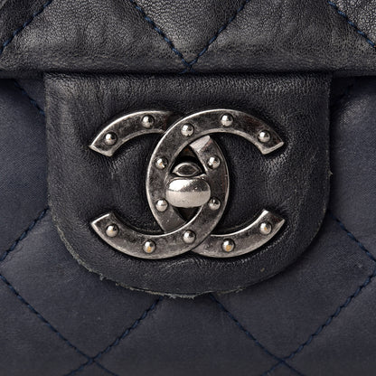 Chanel Washed Lambskin Quilted Studded CC Flap Blue Black 10 of 13