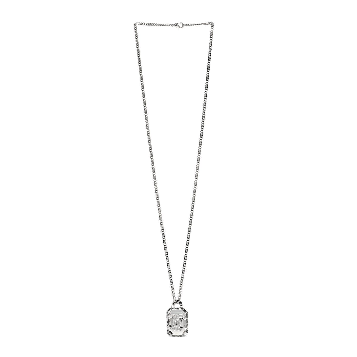 Chanel Crystal Baguette CC Mirror Pendant Necklace Silver 3 of 5
