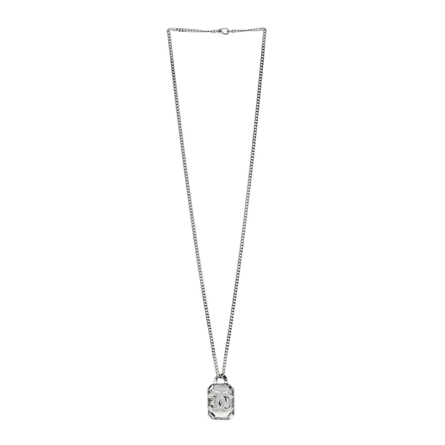 Crystal Baguette CC Mirror Pendant Necklace Silver