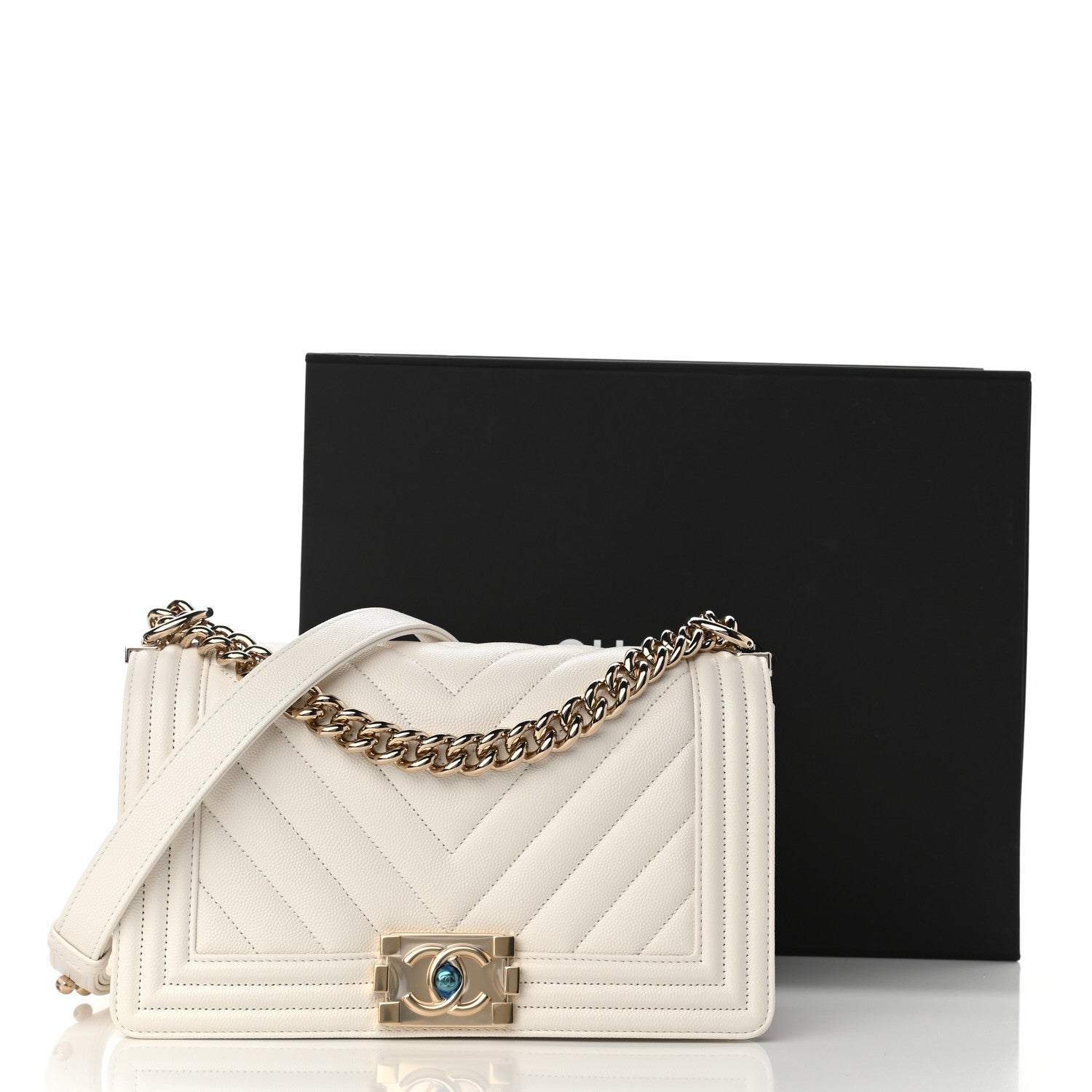 Chanel Caviar Chevron Quilted Medium Boy Flap White 11 of 11