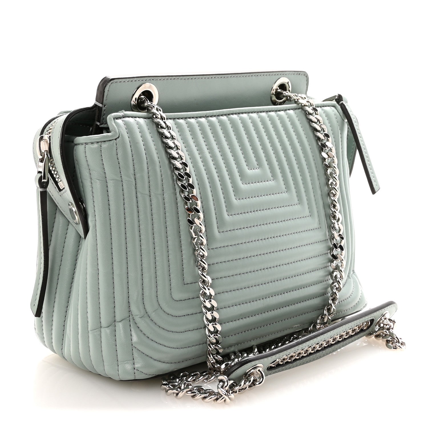 Fendi Shiny Nappa Trapuntata Small DotCom Click Top Handle Chain Satchel Light Blue 3 of 9