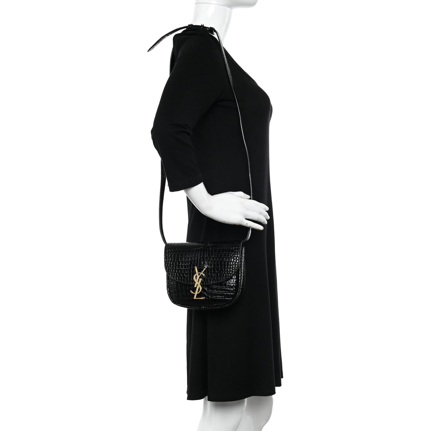Crocodile Embossed Calfskin Small Kaia Satchel Black