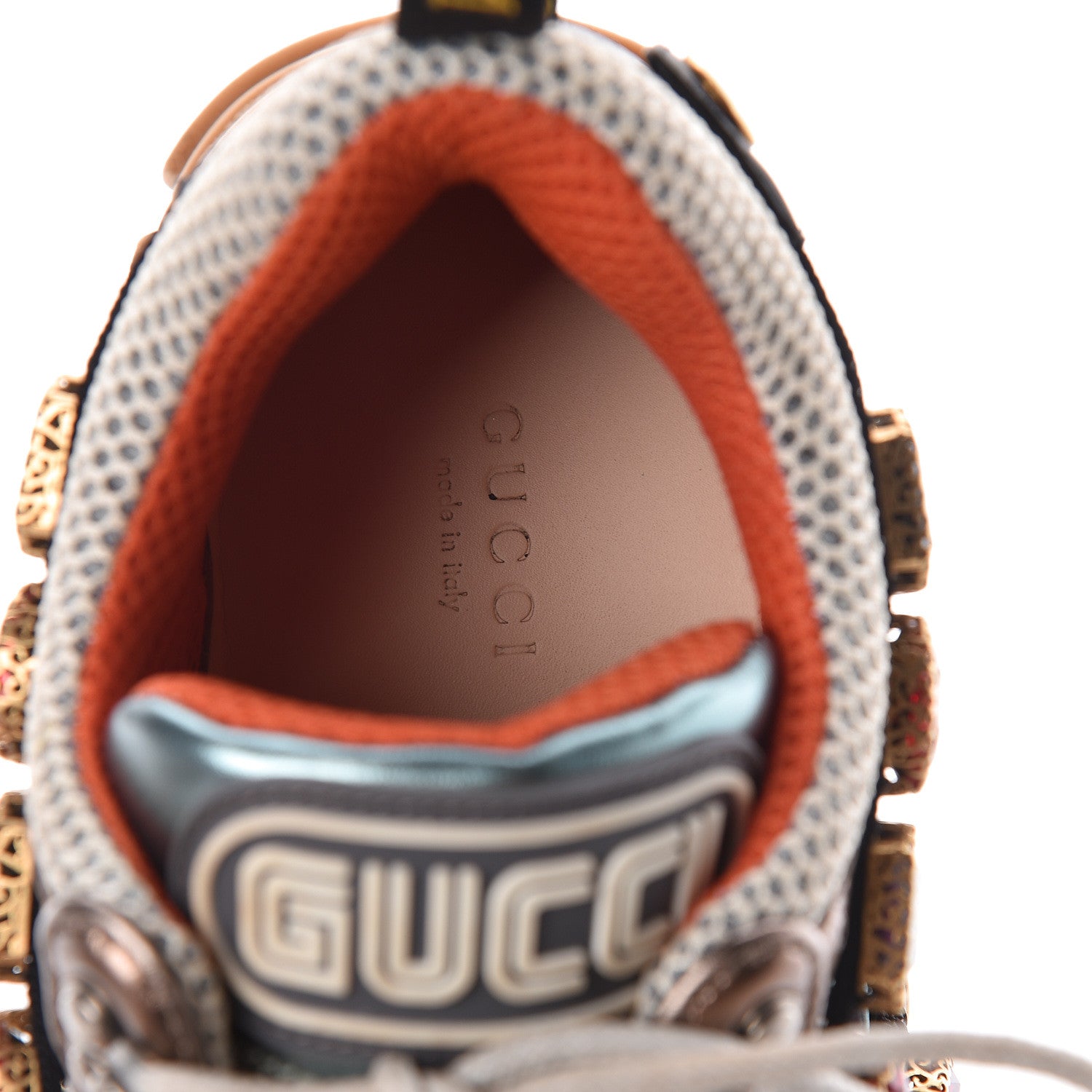 Gucci X SEGA Metallic Calfskin Mesh Removable Crystals Womens Flashtrek Sneakers 37.5 Rame Mystic White Lago 5 of 8