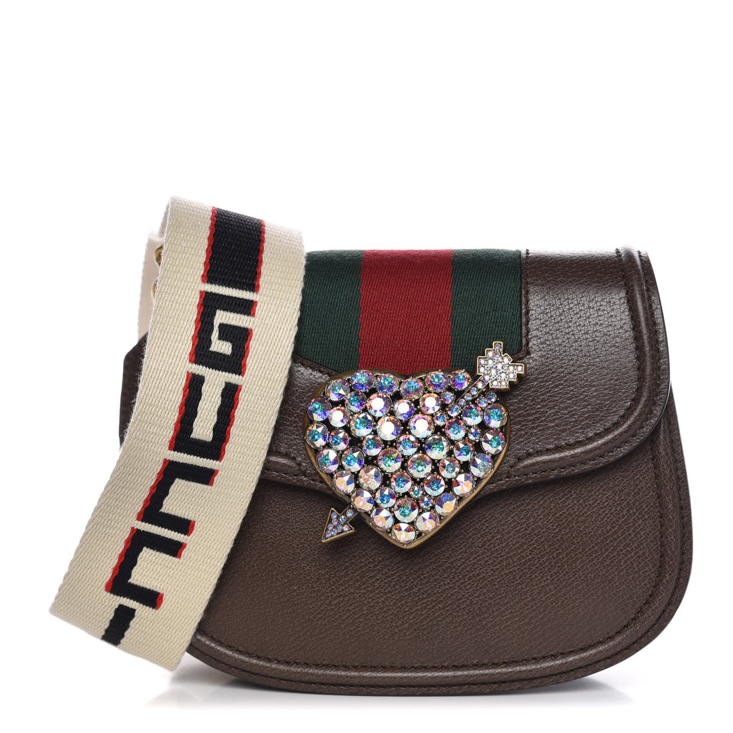 Textured Calfskin Web Crystal Heart Stripe Small Totem Shoulder Bag New Acero