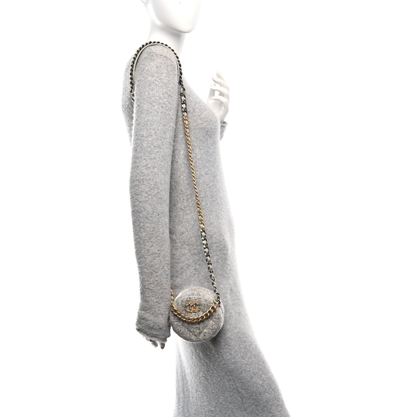 Wool Tweed Lambskin Quilted Chanel 19 Round Clutch With Chain Grey Ecru