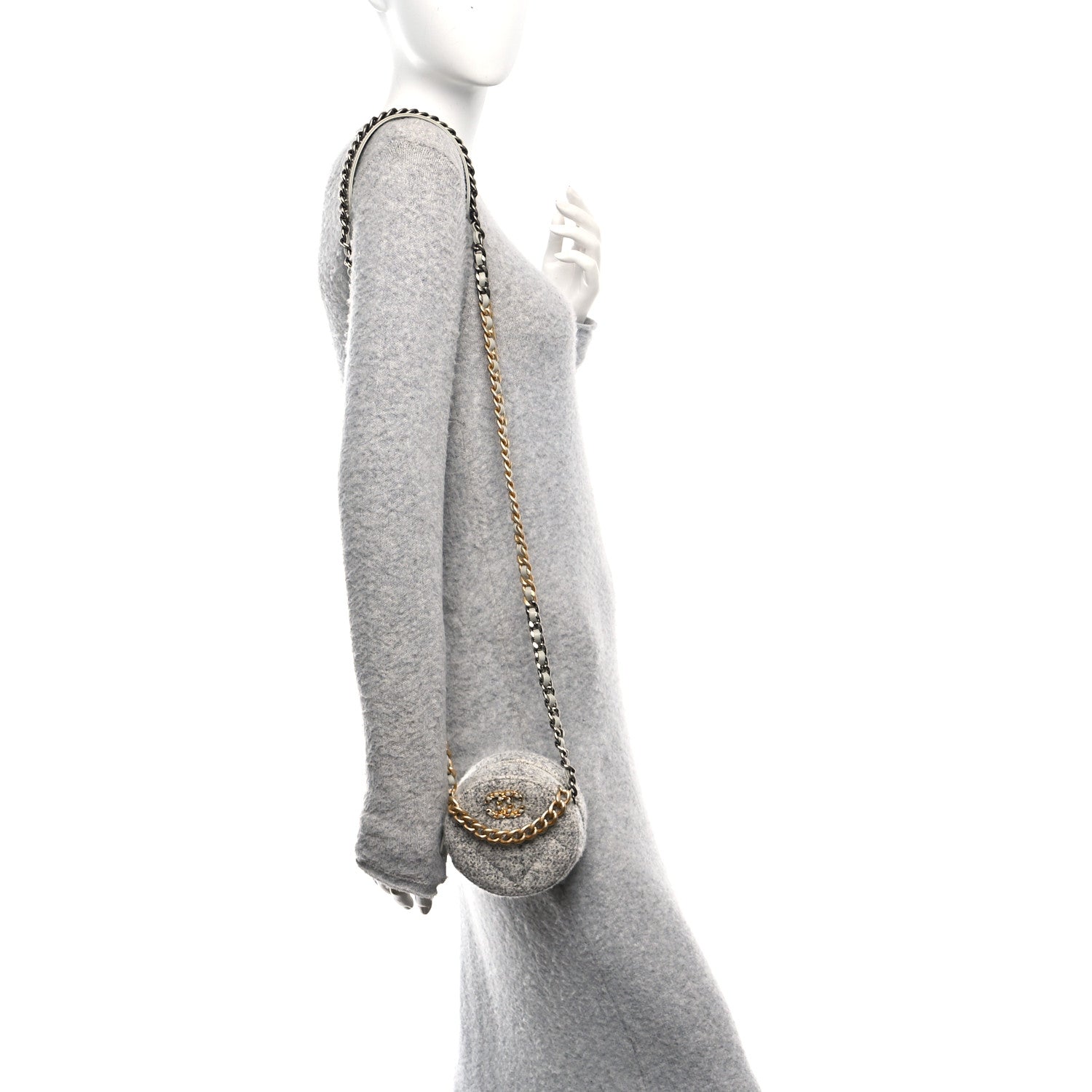 Chanel Wool Tweed Lambskin Quilted Chanel 19 Round Clutch With Chain Grey Ecru 3 of 10