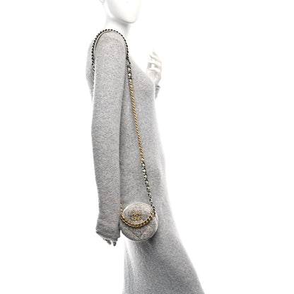 Chanel Wool Tweed Lambskin Quilted Chanel 19 Round Clutch With Chain Grey Ecru 3 of 10