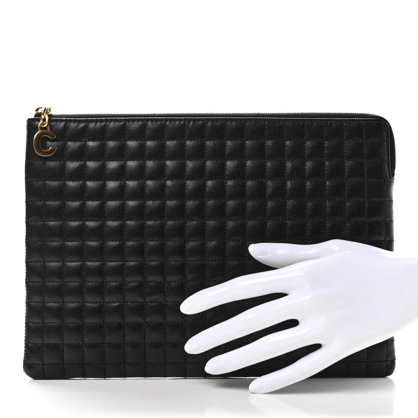 Calfskin Quilted C Charm Pouch Black