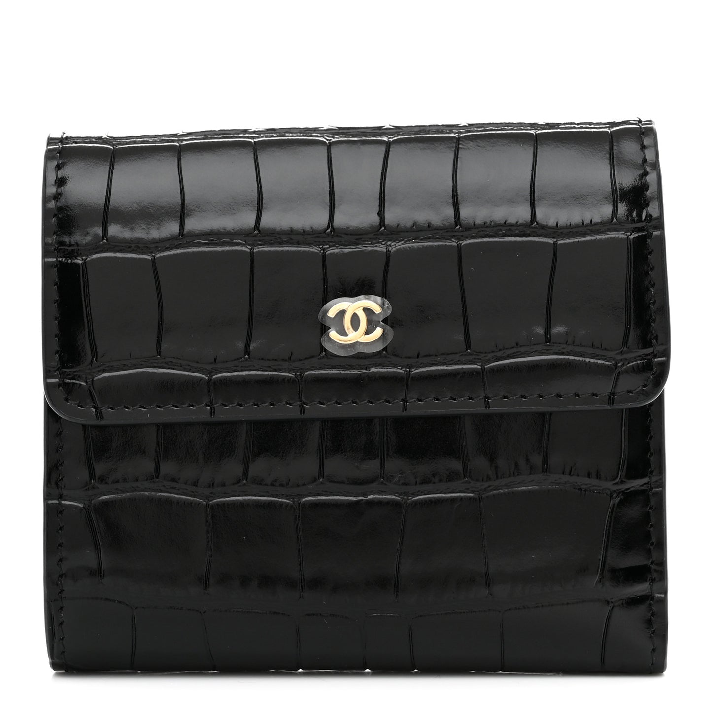 Calfskin Crocodile Embossed Crococo Flap Wallet Black