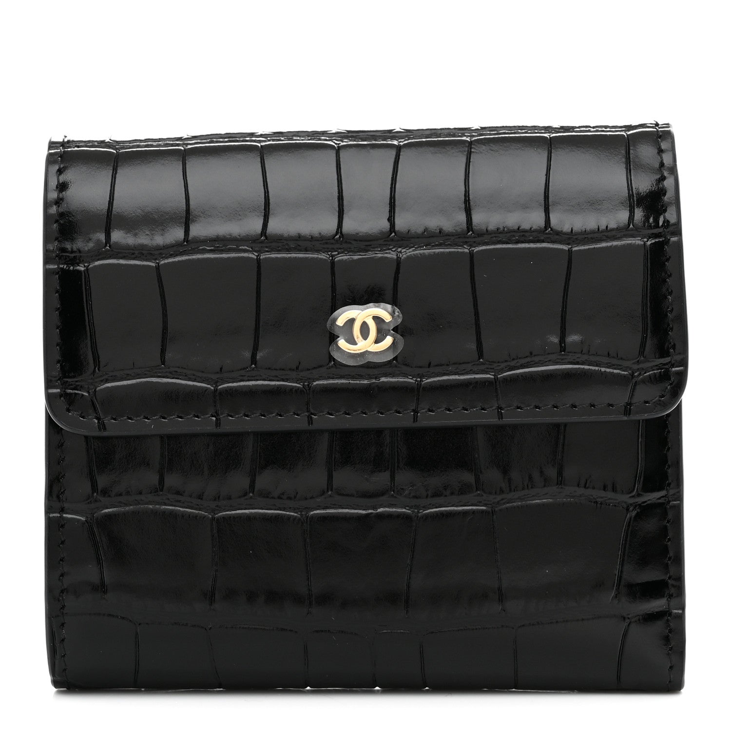 Chanel Calfskin Crocodile Embossed Crococo Flap Wallet Black 1 of 9
