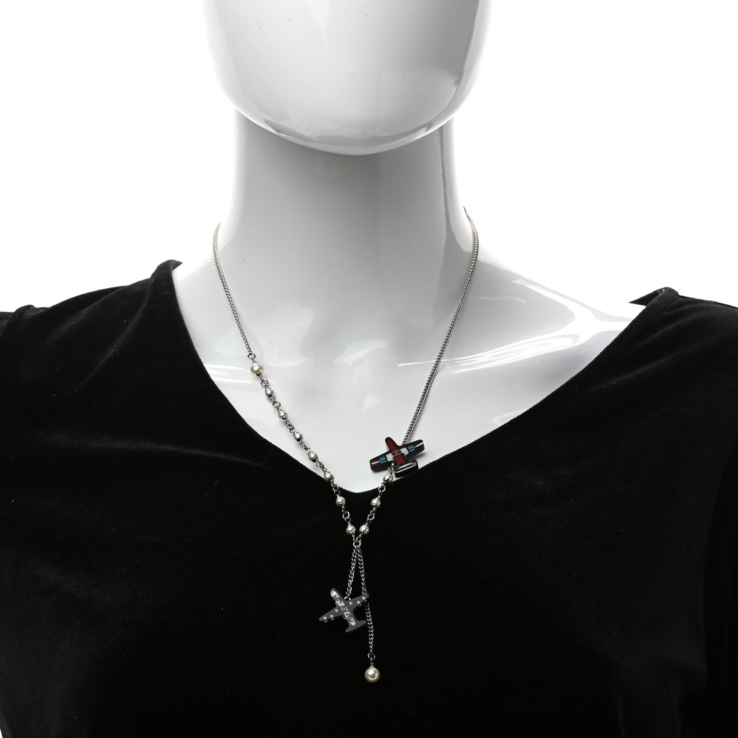Chanel Resin Pearl Striped Airplane Necklace Black White Multi 2 of 5