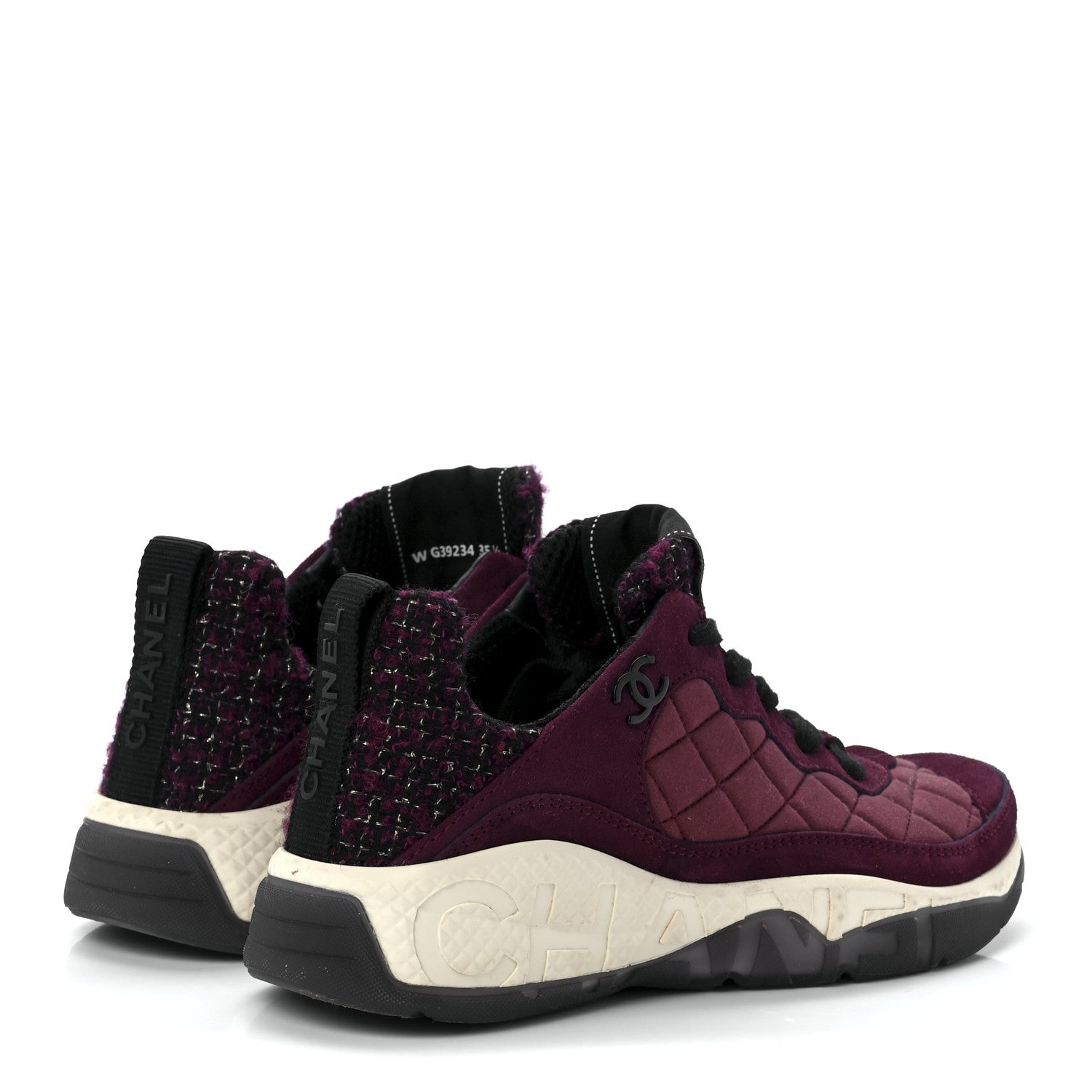 Chanel Tweed Suede Calfskin Grained Calfskin Womens CC Sneakers 35.5 Burgundy Black Silver 4 of 8