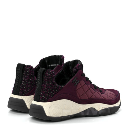 Chanel Tweed Suede Calfskin Grained Calfskin Womens CC Sneakers 35.5 Burgundy Black Silver 4 of 8