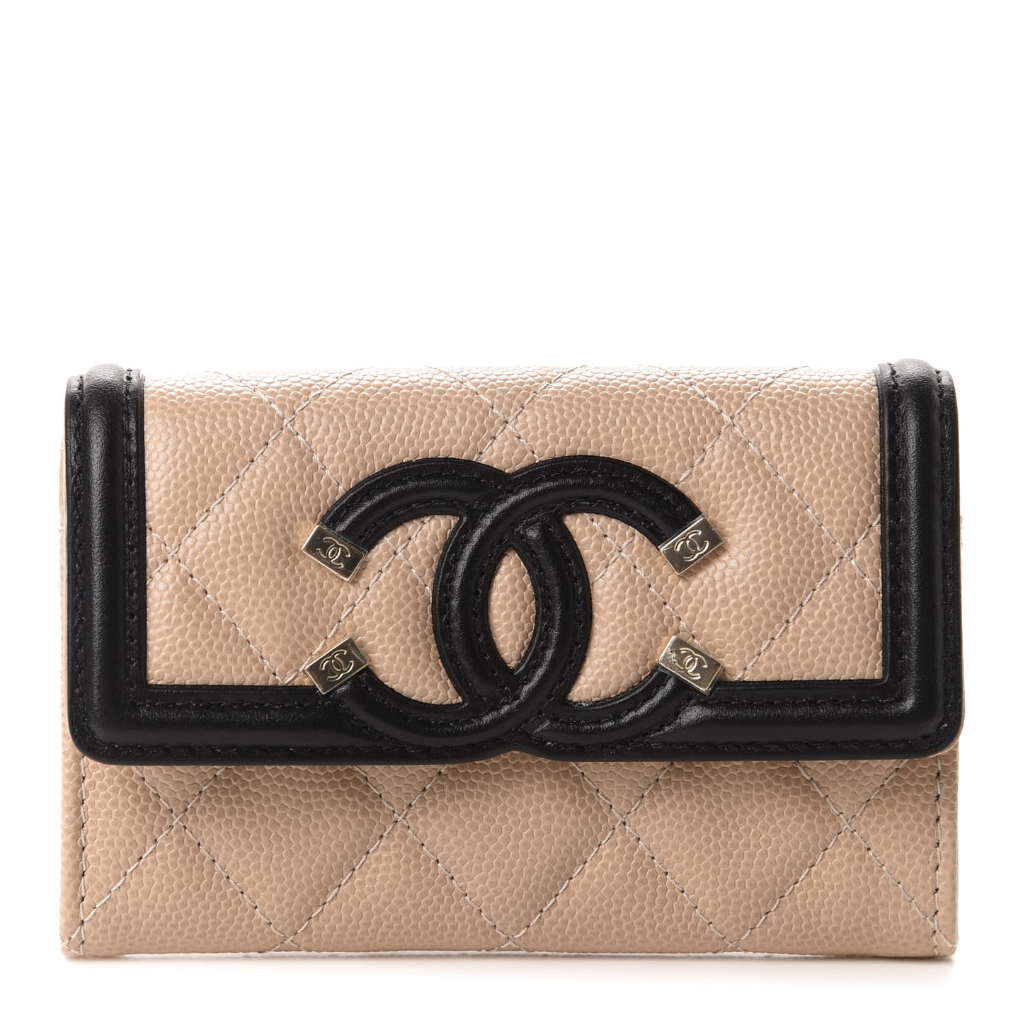 Caviar Quilted Filigree Flap Card Holder Wallet Beige Black