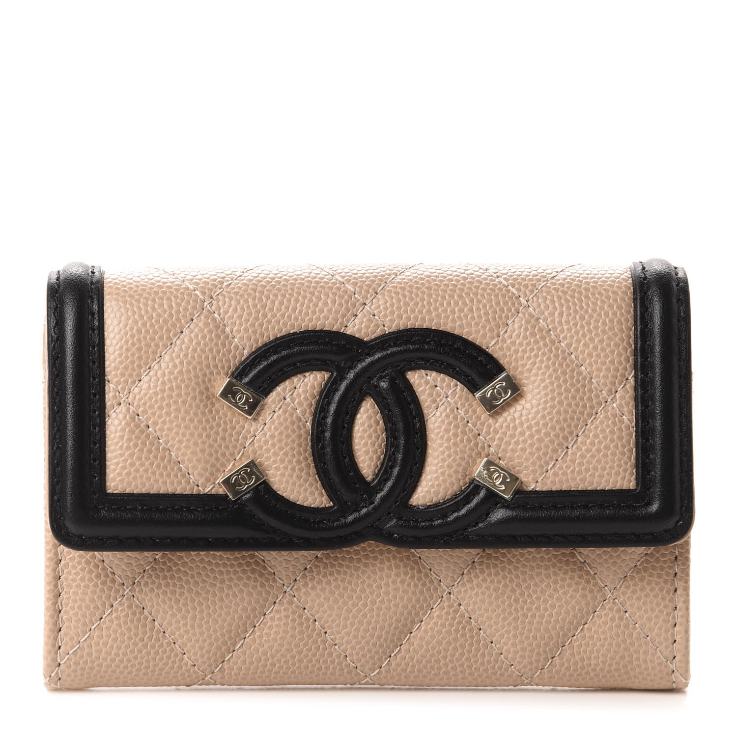 Chanel Caviar Quilted Filigree Flap Card Holder Wallet Beige Black 1 of 9