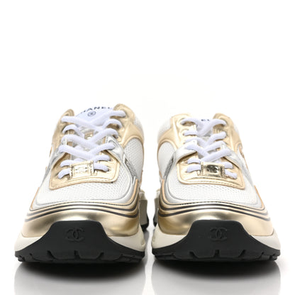 Chanel Fabric Laminated Calfskin Stretch CC Sneakers 39 White Gold Silver 2 of 7