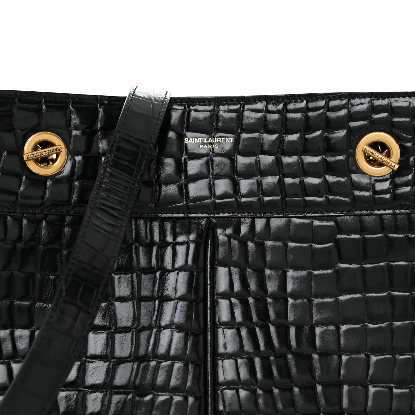 Shiny Calfskin Crocodile Embossed Claude Tote Black