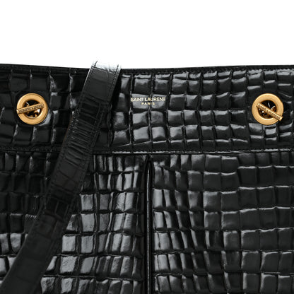 Saint Laurent Shiny Calfskin Crocodile Embossed Claude Tote Black 9 of 12