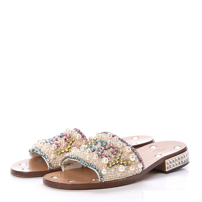 Gucci Calfskin Pearl Lupe 20mm Guccy Jeweled Slide Sandals 37.5 Multicolor 3 of 7
