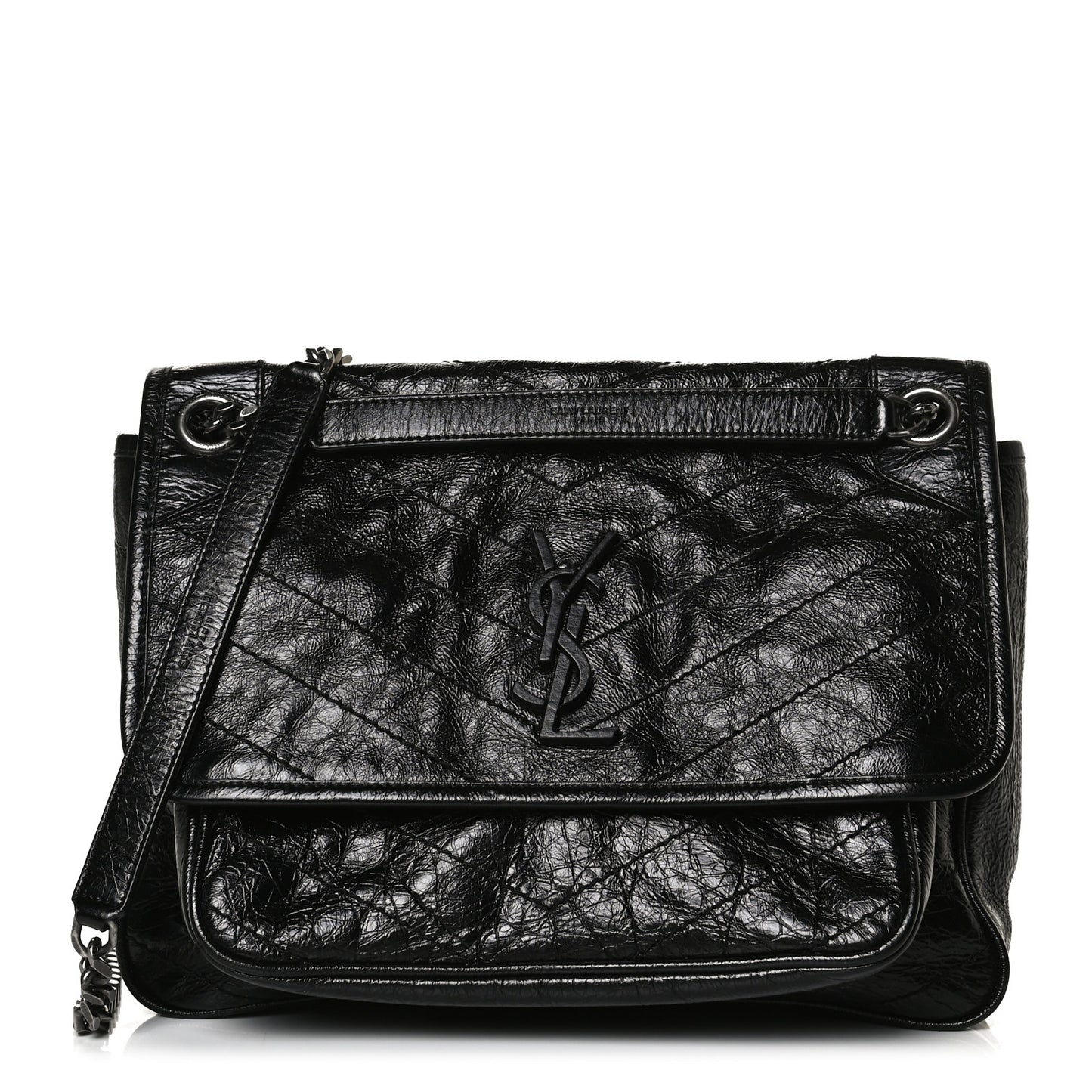 Crinkled Calfskin Matelasse Monogram Medium Niki Chain Satchel Black