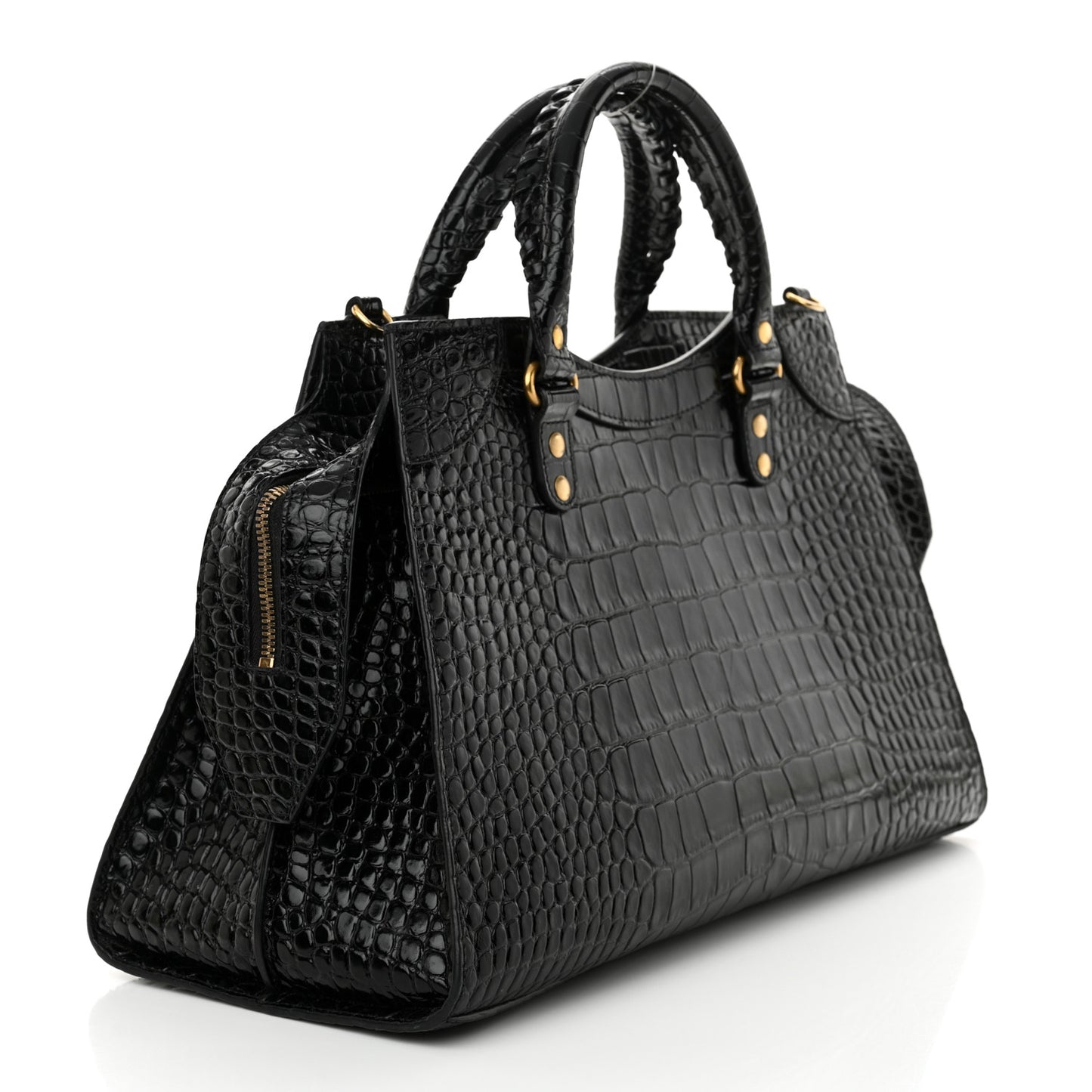 Shiny Supple Calfskin Crocodile Embossed Brass Hardware Neo Classic City Black
