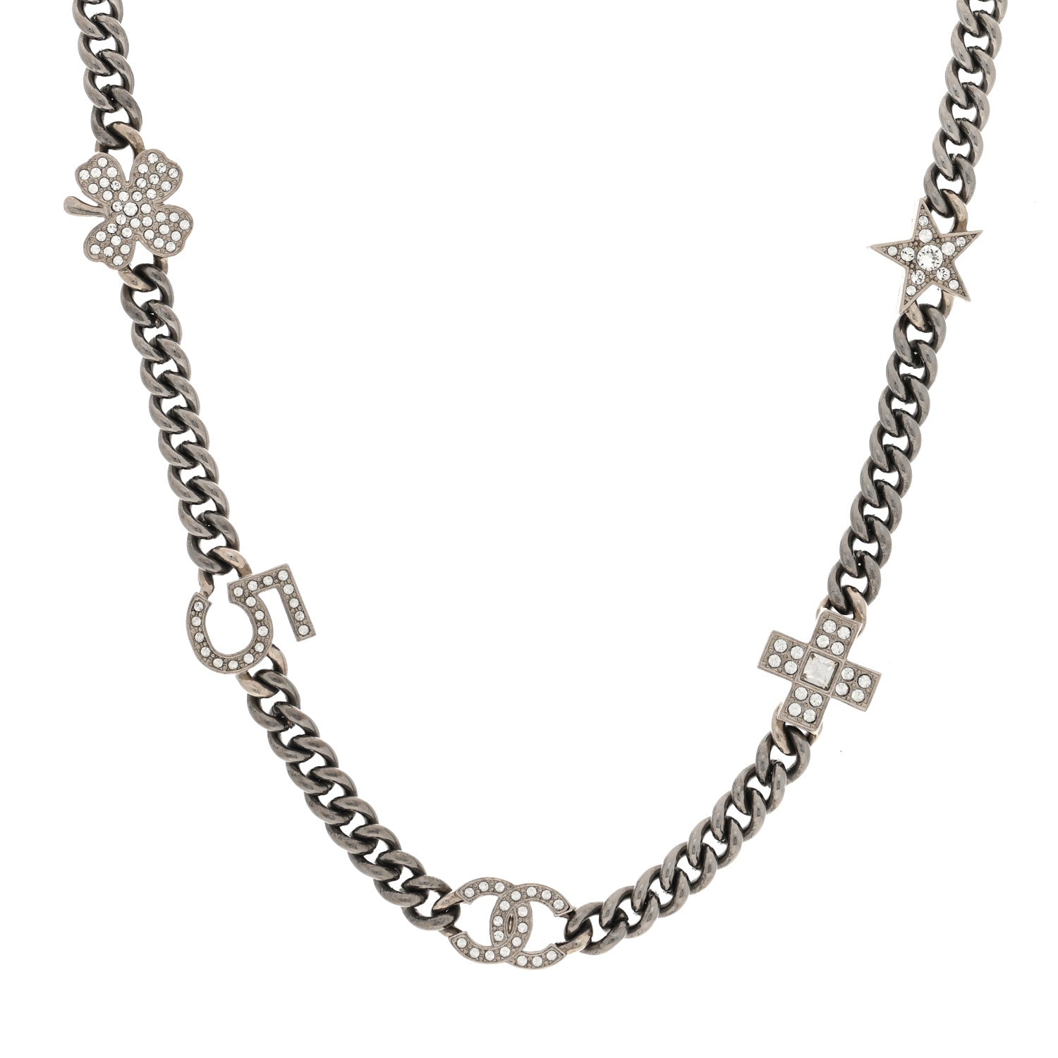 Chanel Ruthenium Crystal Chain CC Lucky Charms Choker Silver 1 of 5