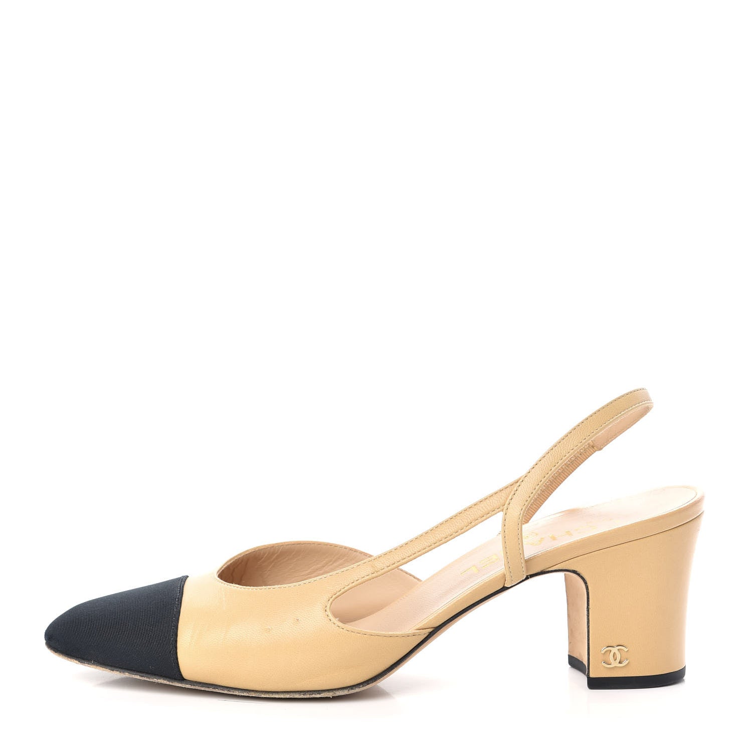 Chanel Goatskin Grosgrain Cap Toe CC Slingback Pumps 39.5 Beige Black 1 of 14
