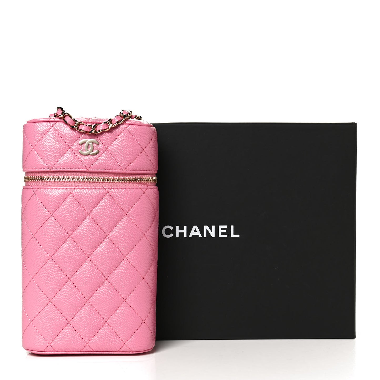 Caviar Quilted Phone Holder With Chain Pink