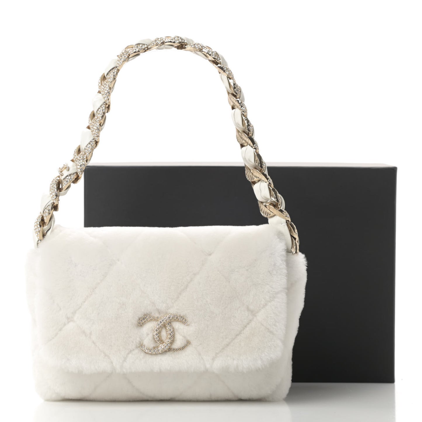 Shearling Lambskin Crystal Strass Flap White