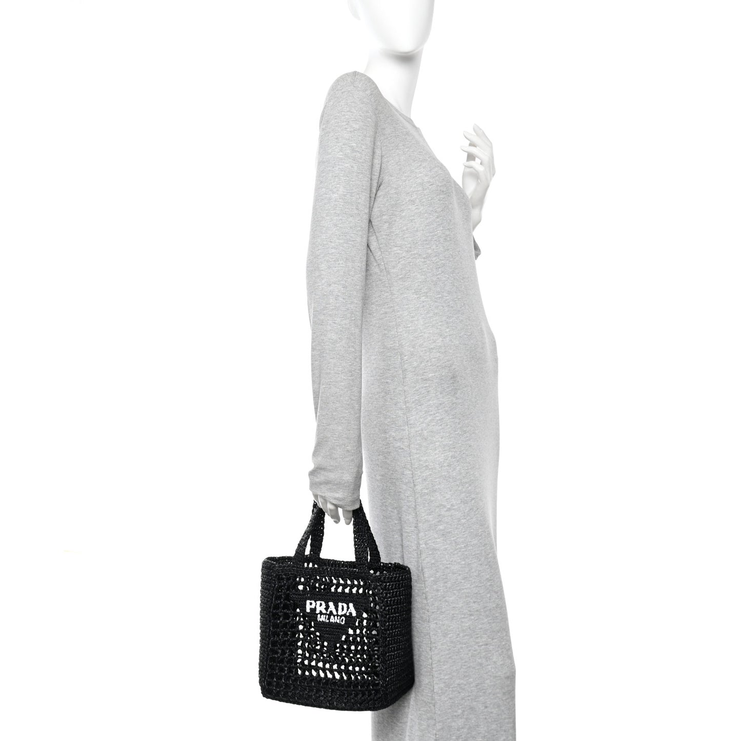 Yarn Raffia Effect Crochet Logo Embroidered Small Tote Bag Black