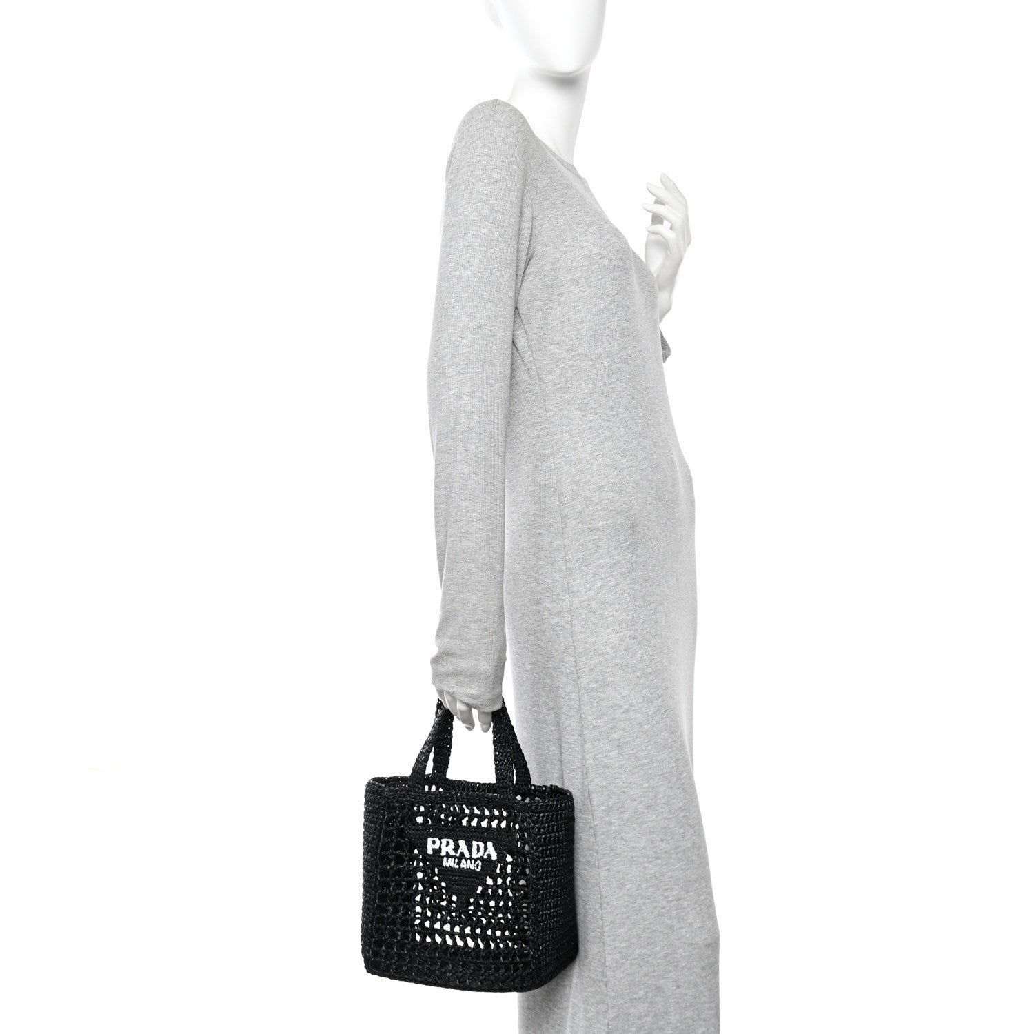 Prada Yarn Raffia Effect Crochet Logo Embroidered Small Tote Bag Black 2 of 8